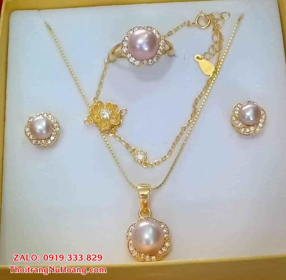 Bộ Trang sức Ngọc Trai Hoa Thuỷ Tiên Duyên dáng Chế tác bạc mạ vàng 18K đính Ngọc trai NT20